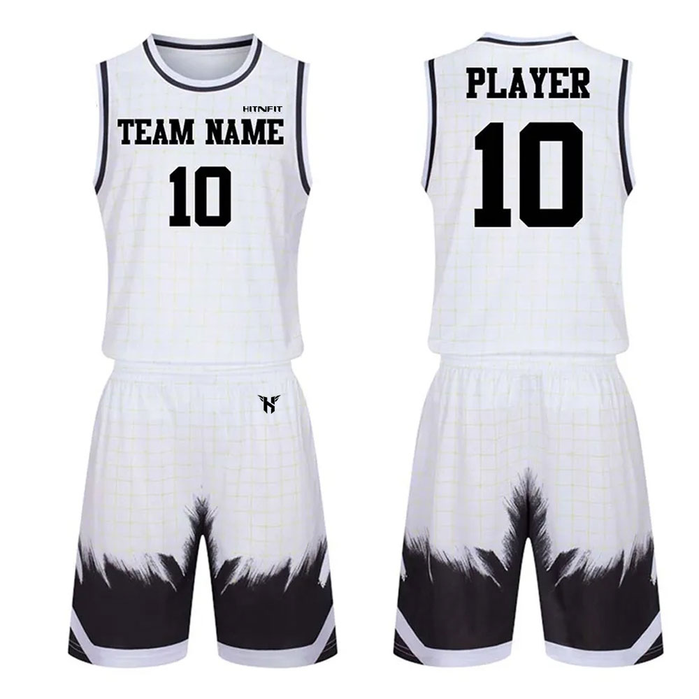HIT N FIT Custom Sublimated White & Black Brushstroke Basketball Uniform Set | Personalized Team Jersey & Shorts with Grid Pattern