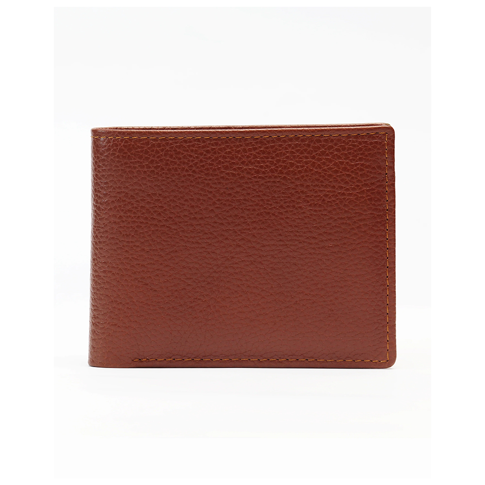 HIT N FIT Classic Chestnut Brown Pebbled Leather Bifold Wallet with Tonal Accent Perimeter Stitching