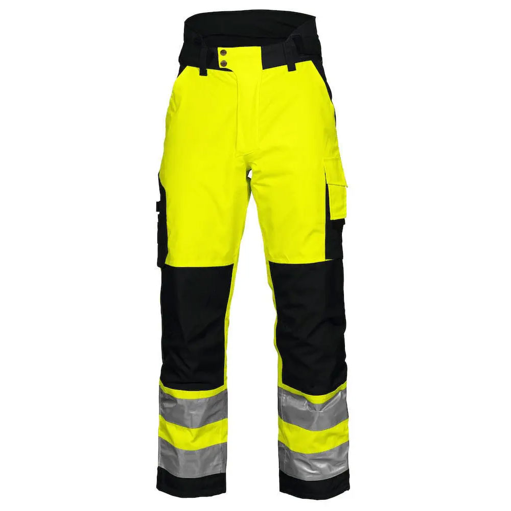 HIT N FIT High Visibility Neon Yellow Safety Work Pants with Black Knee Reinforcements and Reflective Stripes