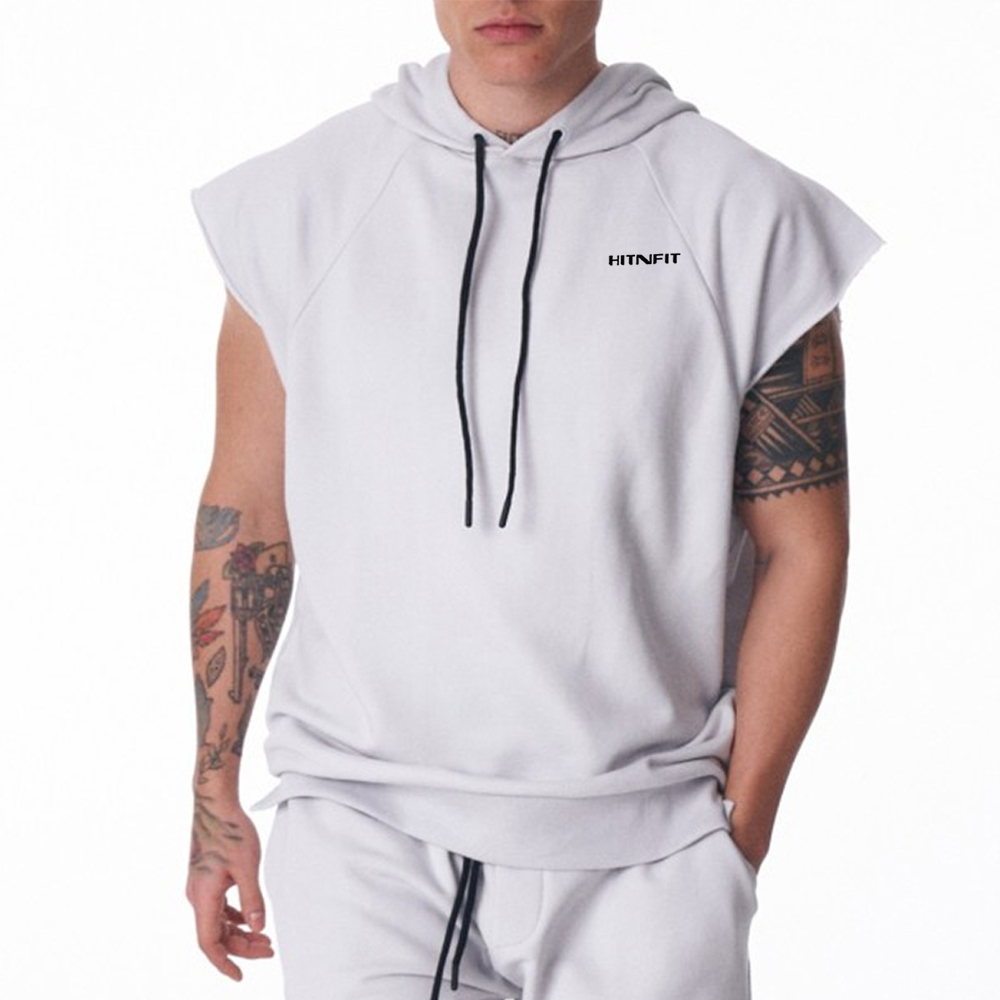 HIT N FIT Men's Light Grey Raglan Sleeveless Workout Hoodie | Off-White Short Sleeve Gym Vest