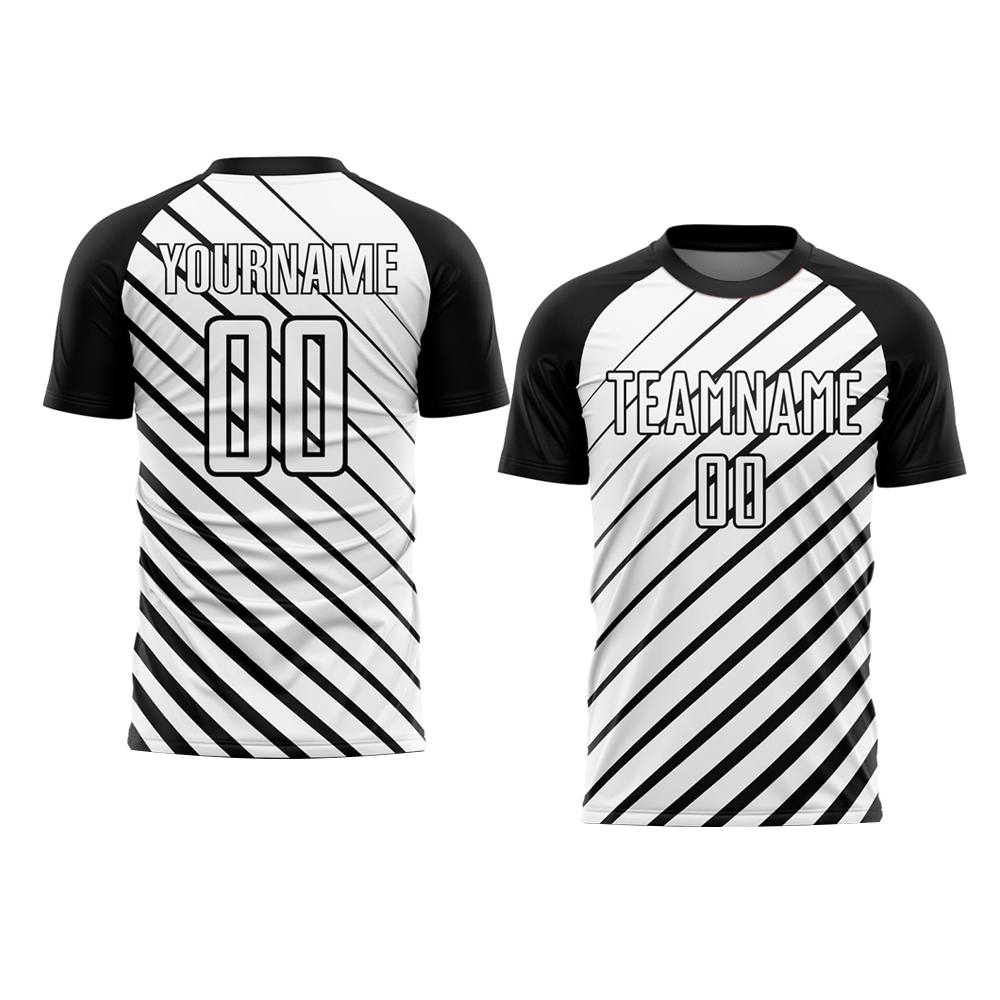 HIT N FIT Custom Sublimated Soccer Jersey | Black & White Diagonal Stripe Team Kit