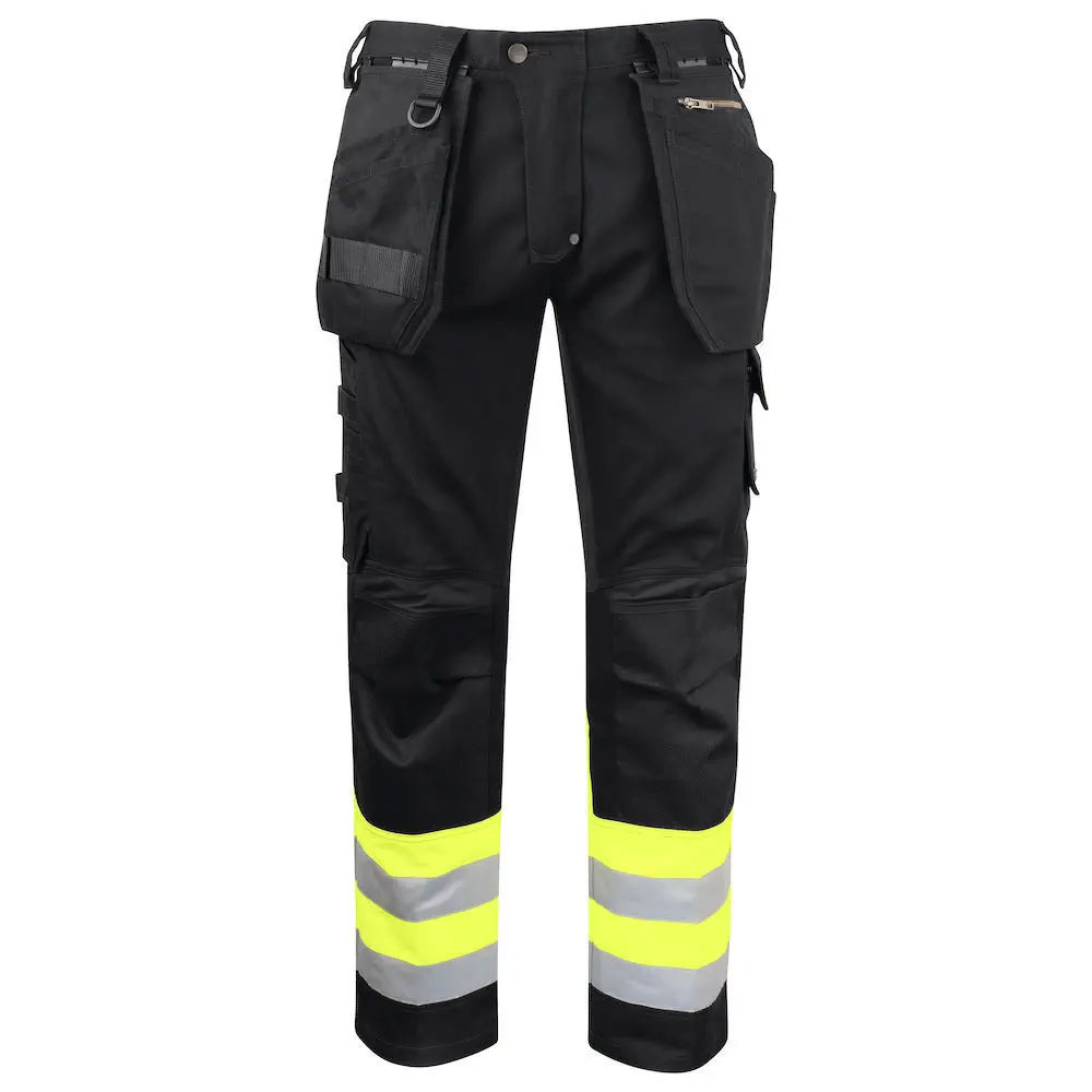 HIT N FIT High Visibility Black Safety Work Trousers with Neon Yellow Stripes and Holster Pockets