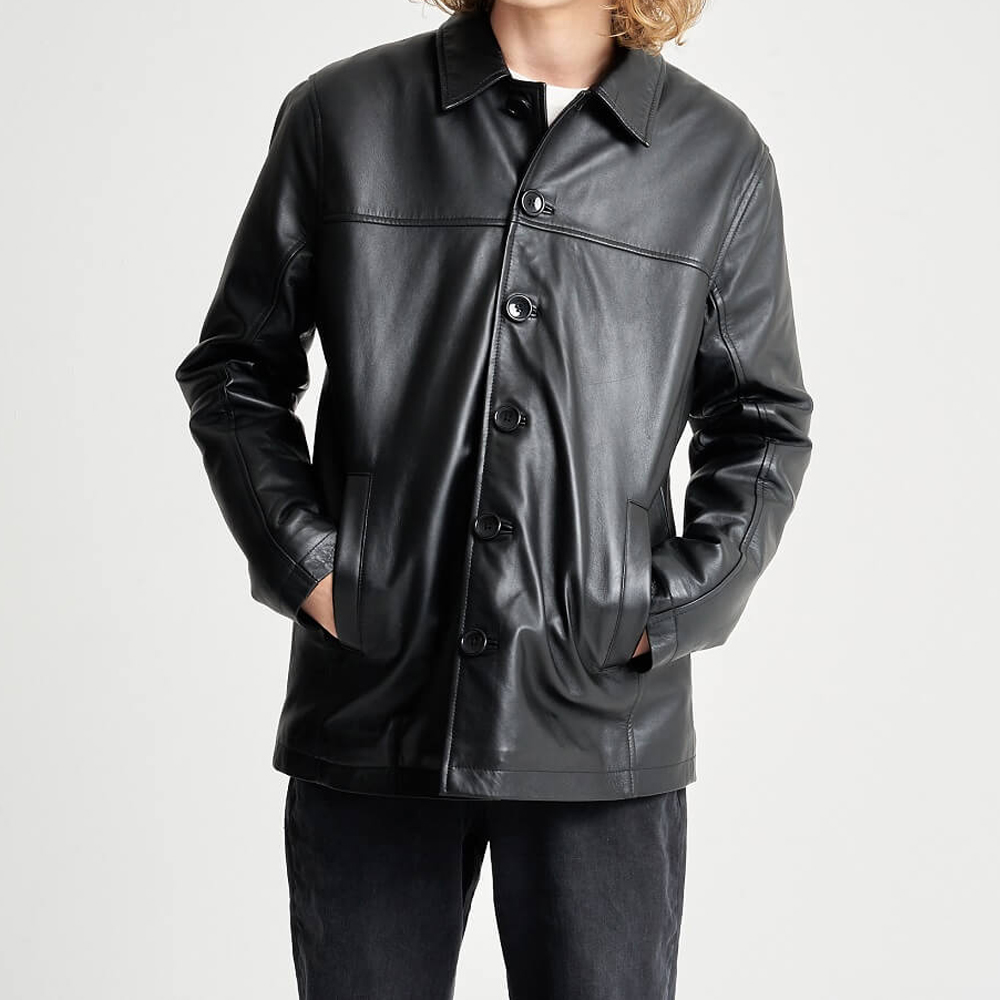 HIT N FIT Men's Black Real Leather Biker Jacket | Button Front Urban Racer Motorcycle Outerwear