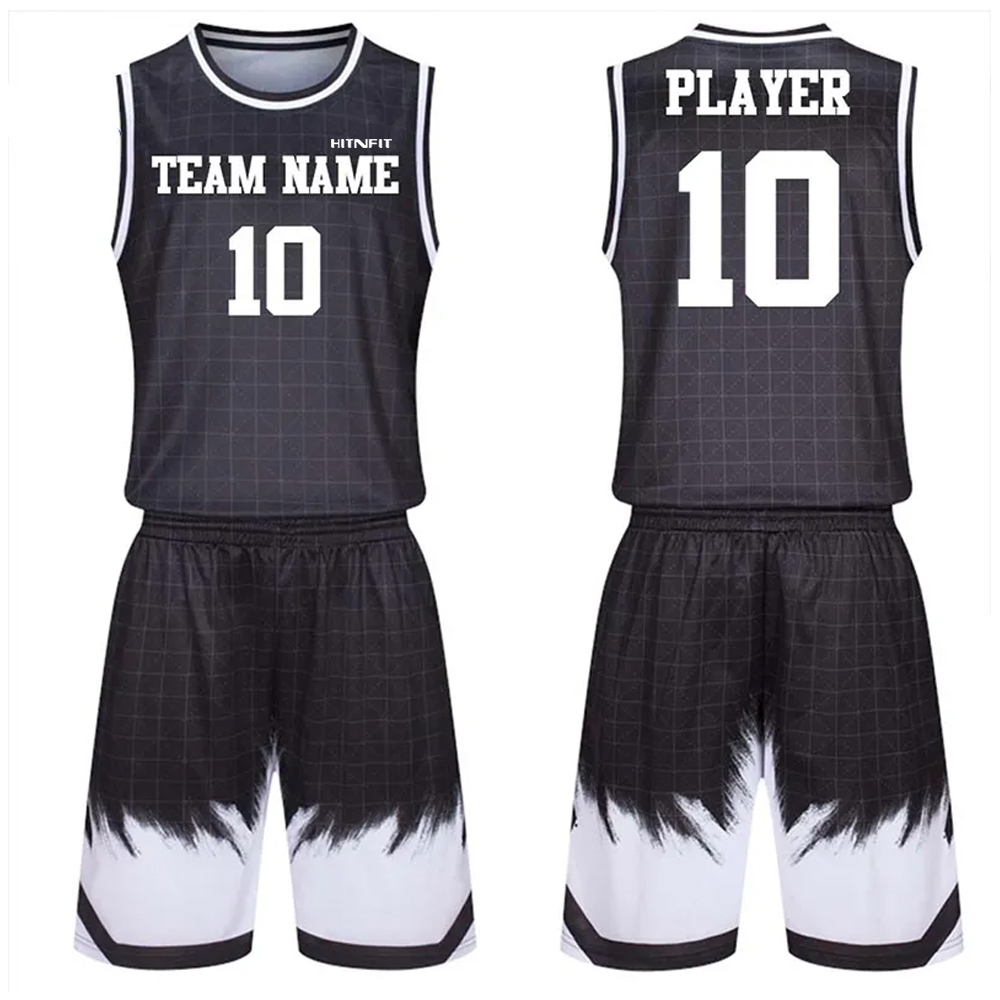 HIT N FIT Custom Sublimated Charcoal Black & White Basketball Uniform Set | Grid Texture Brush Fade Personalized Team Jersey and Shorts