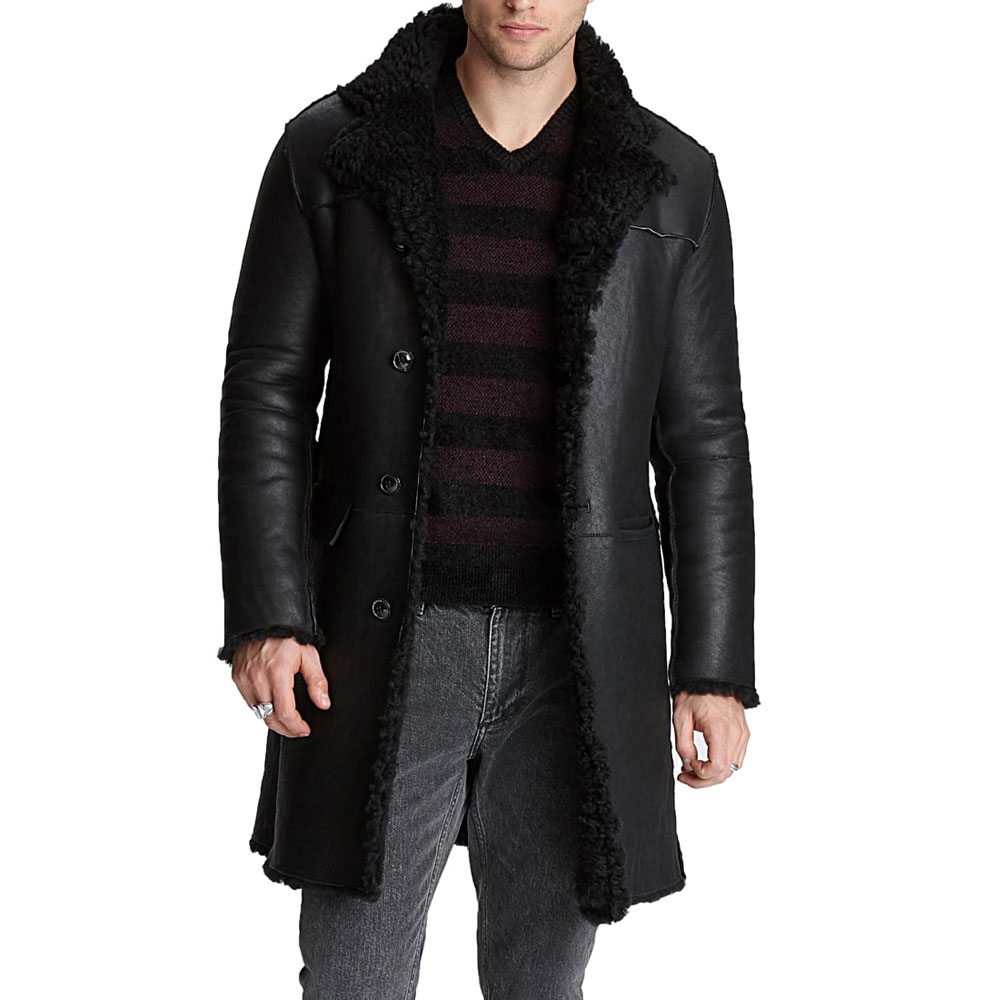 HIT N FIT Men's Black Real Leather Shearling Coat | Long Faux Fur Trimmed Winter Trench Overcoat