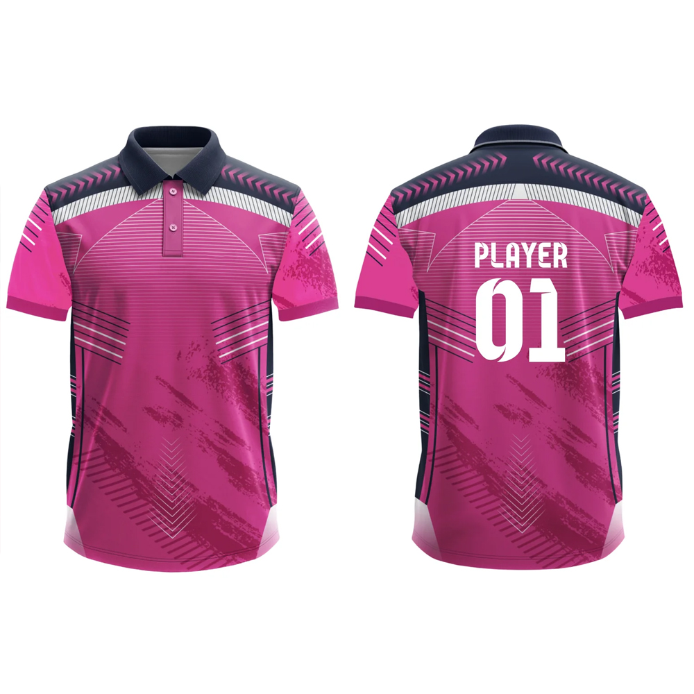 HIT N FIT Custom Sublimated Cricket Jersey | Magenta Pink & Navy Geometric Polo Kit