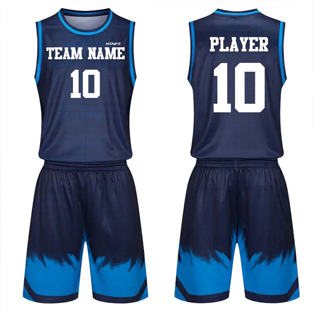 HIT N FIT Custom Sublimated Navy Blue & Electric Blue Basketball Uniform Set | Brush Fade Team Jersey and Shorts