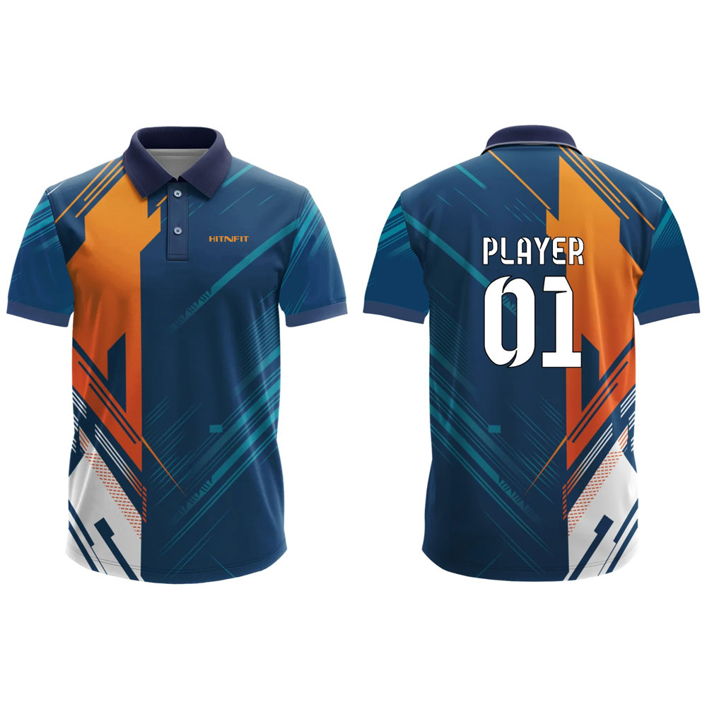 HIT N FIT Custom Sublimated Cricket Jersey | Navy & Orange Geometric Polo Kit