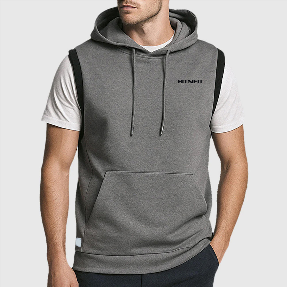 HIT N FIT Men's Sleeveless Hooded Workout Vest | Heather Grey & Black Trim Gym Hoodie