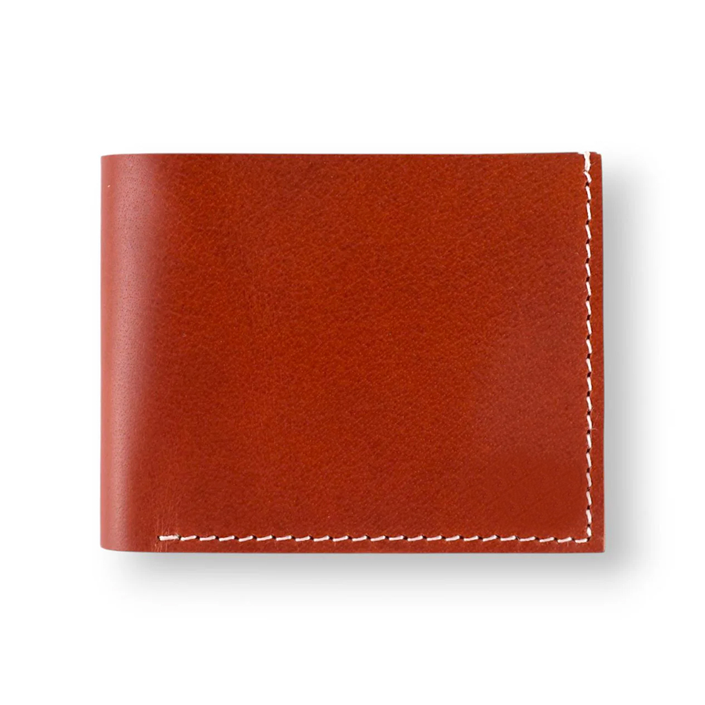 HIT N FIT Handcrafted Cognac Brown Genuine Leather Slim Bifold Wallet with Curved Card Slots and White Stitching