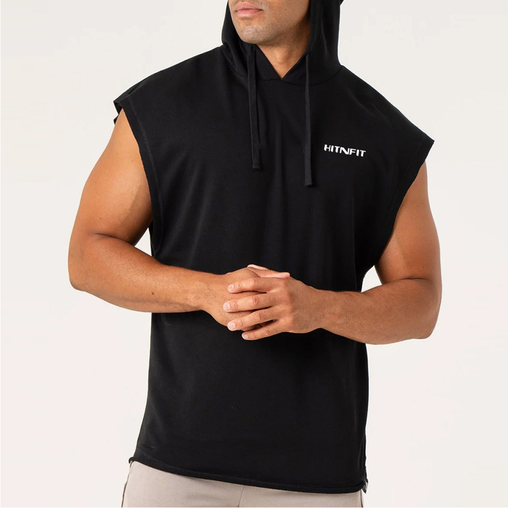HIT N FIT Men's Cap Sleeve Hooded Workout Shirt | Solid Black Cutoff Gym Tank Top