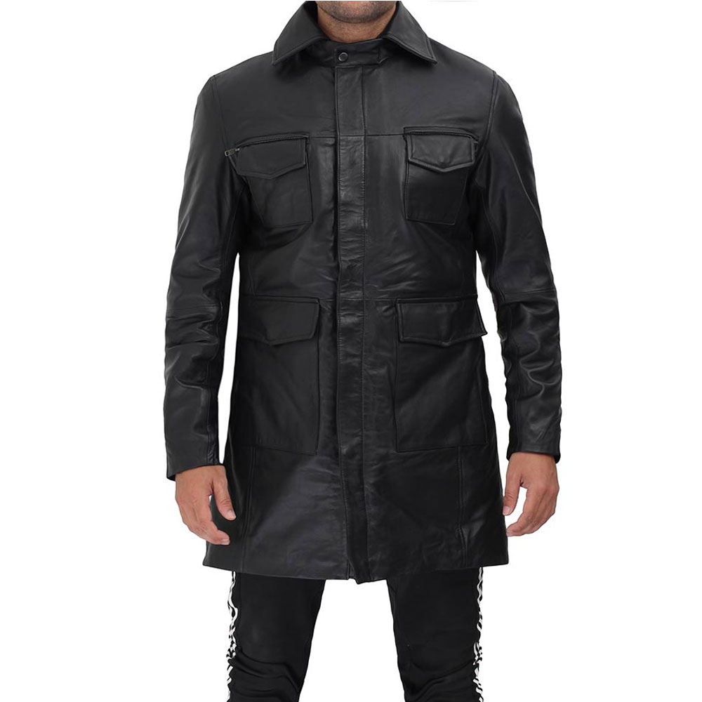HIT N FIT Men's Black Real Leather Field Trench Coat | Utility Multi-Pocket Hidden Zip Winter Overcoat