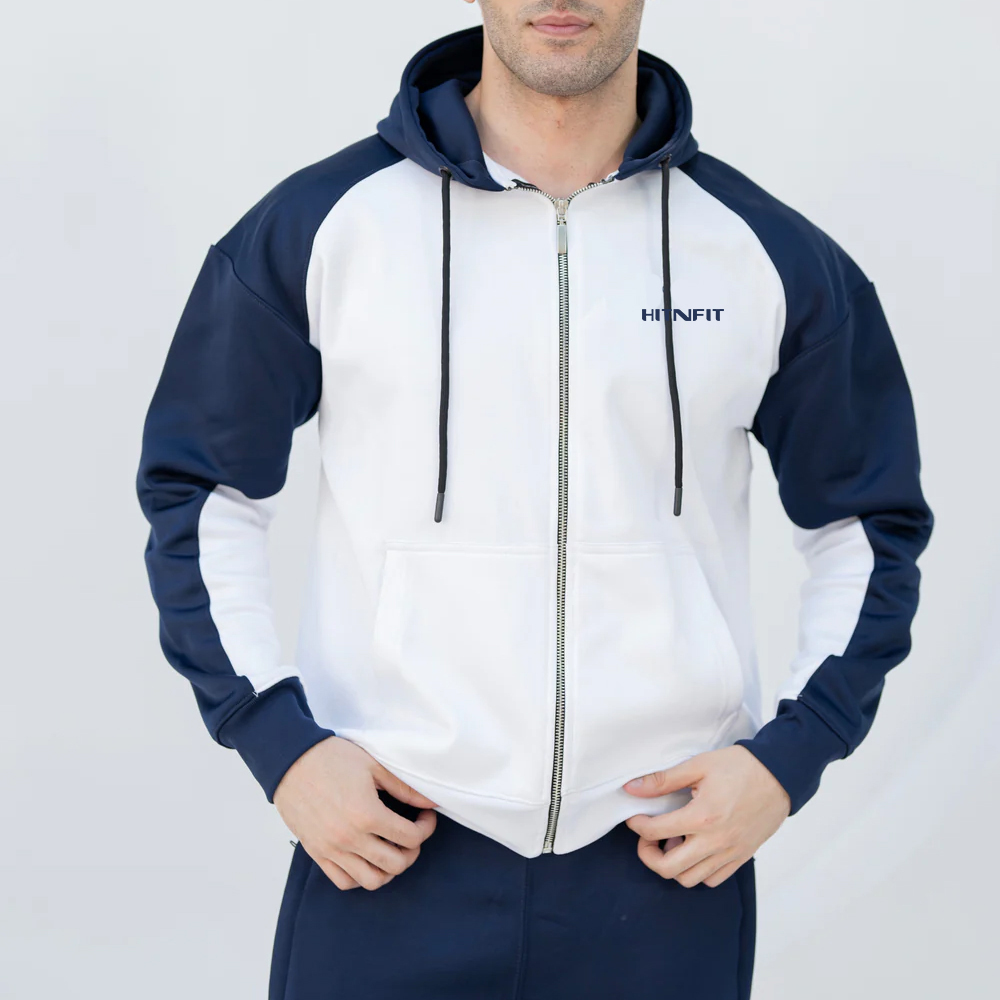 HIT N FIT Oversized Raglan Zip Hoodie | White & Navy Color-Block Fleece Outerwear