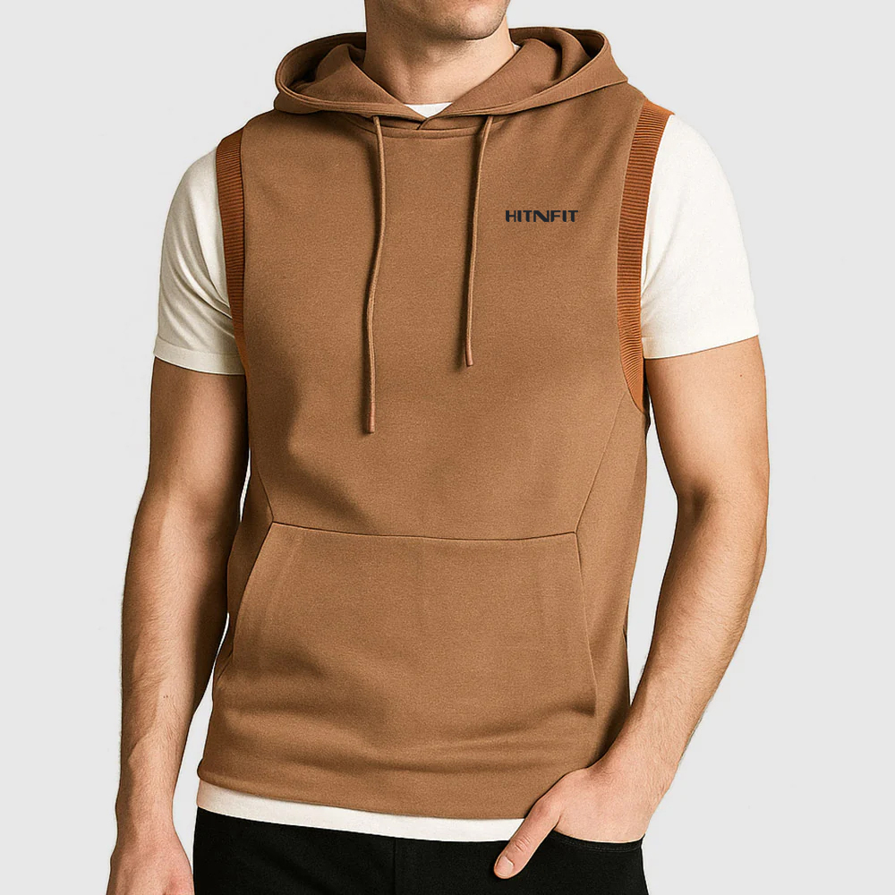 HIT N FIT Men's Sleeveless Hooded Vest | Earthy Brown Ribbed Armhole Athletic Tank Top
