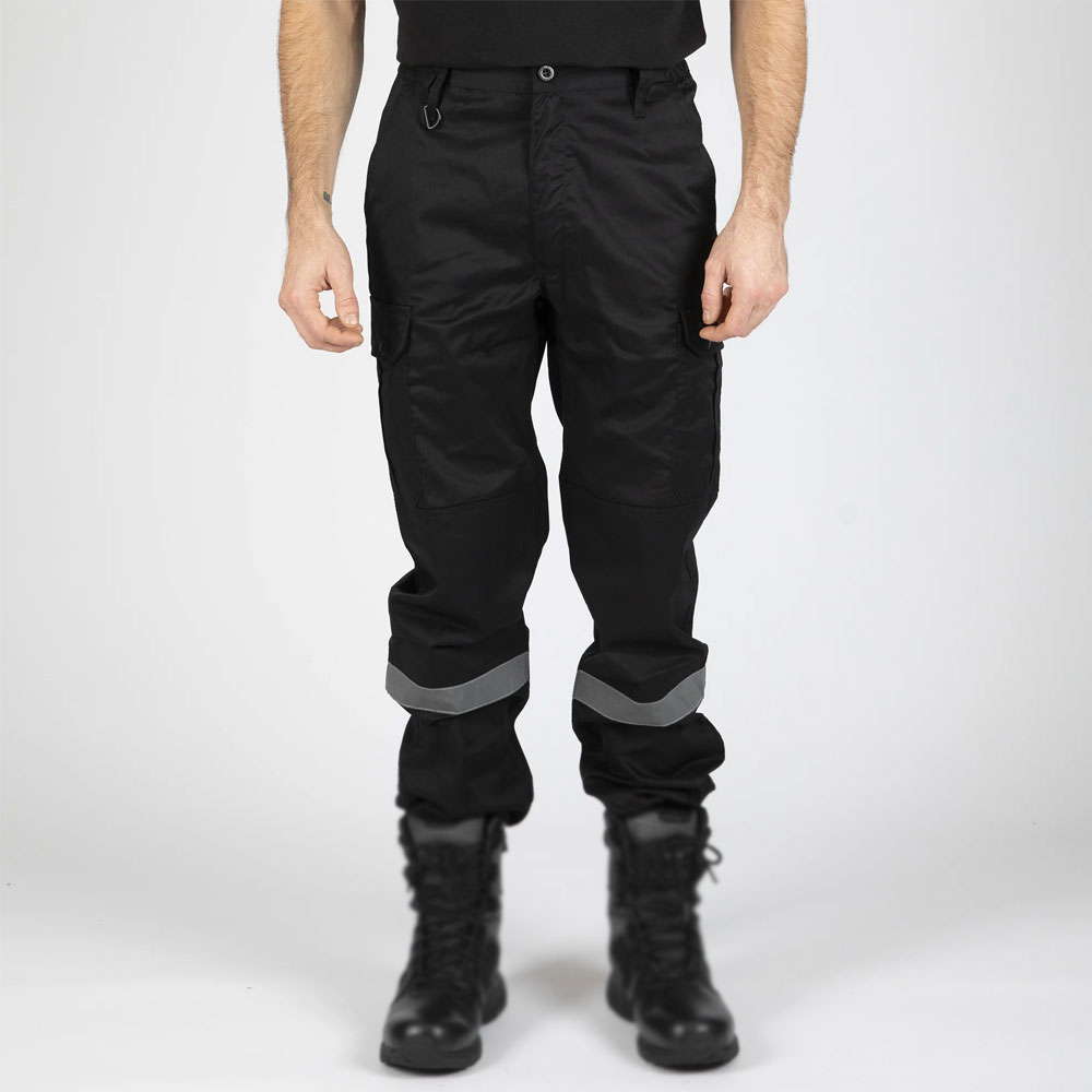 HIT N FIT High Visibility All-Black Tactical Safety Work Pants with Reflective Knee Band Accent