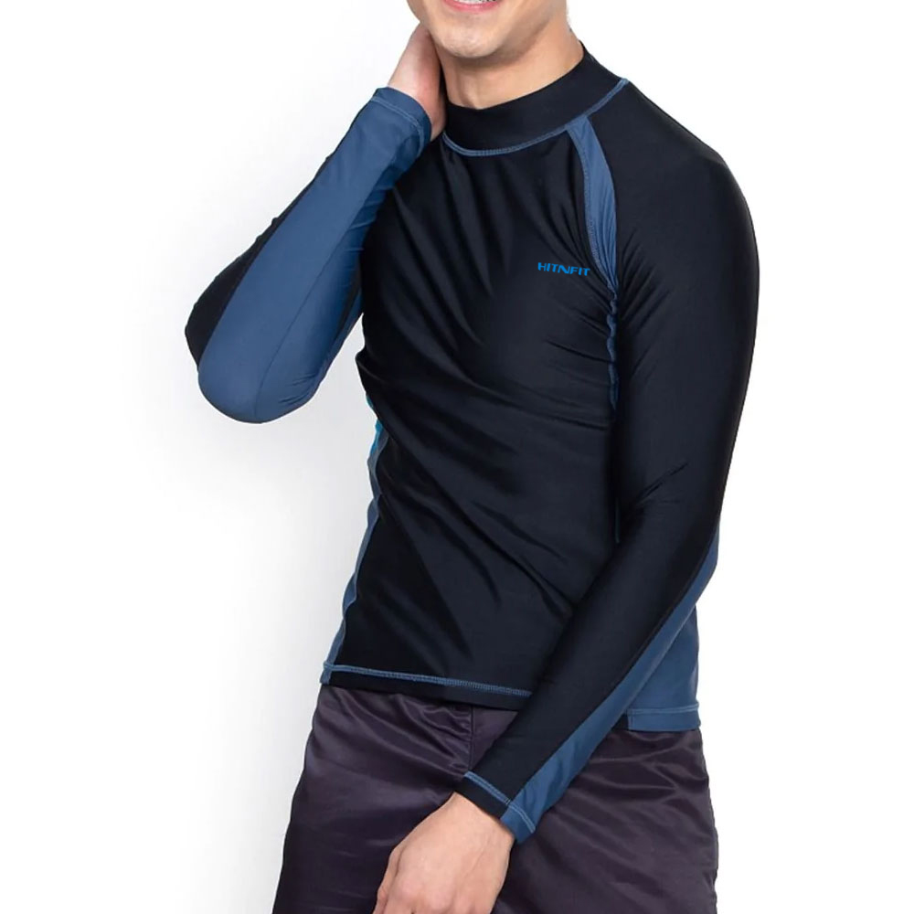 HIT N FIT Men's Compression Long Sleeve Rash Guard | Black & Steel Blue Dual-Tone Swim Top