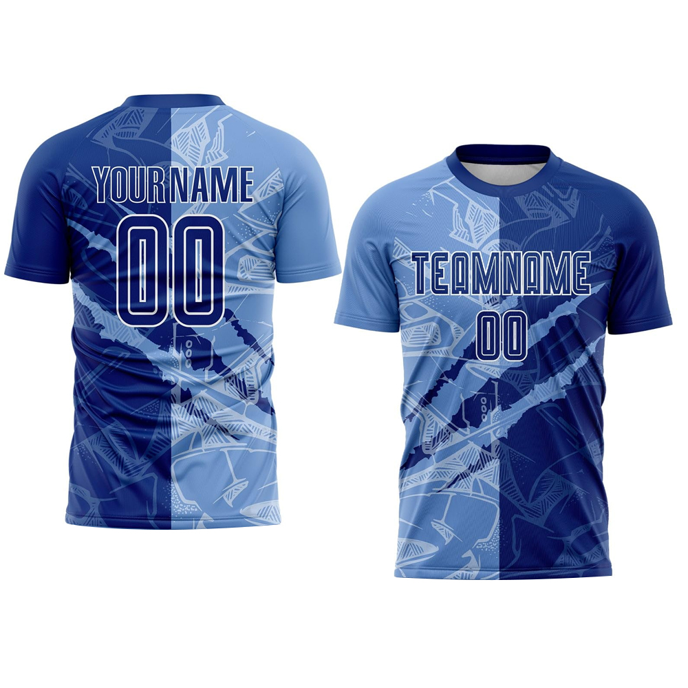 HIT N FIT Custom Sublimated Soccer Jersey | Dual Blue Split Pattern Team Kit
