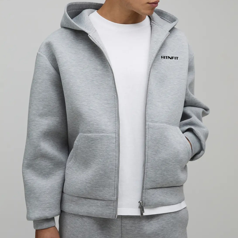 HIT N FIT Premium Oversized Light Grey Zip-Up oversized Hoodie | Minimalist Heavyweight Fleece Streetwear Hoodie