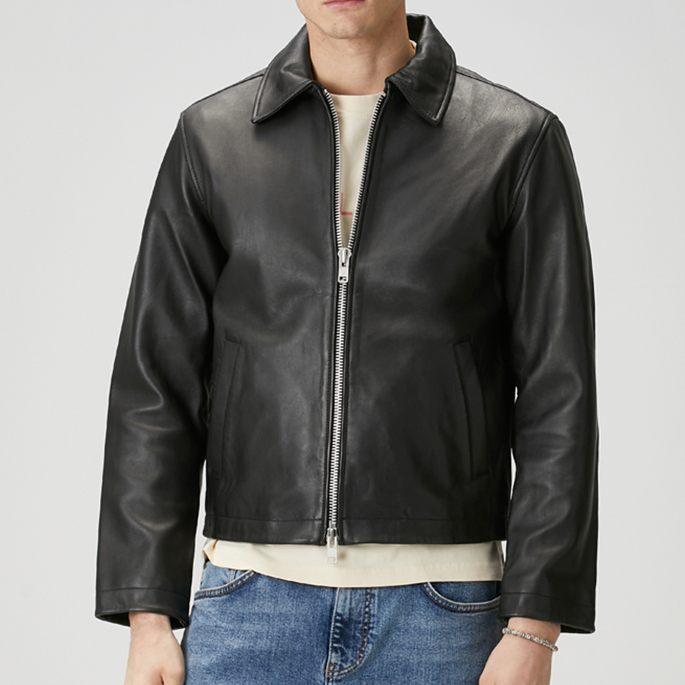 HIT N FIT Men's Jet Black Real Leather Biker Jacket | Silver Zip Cafe Racer Motorcycle Outerwear