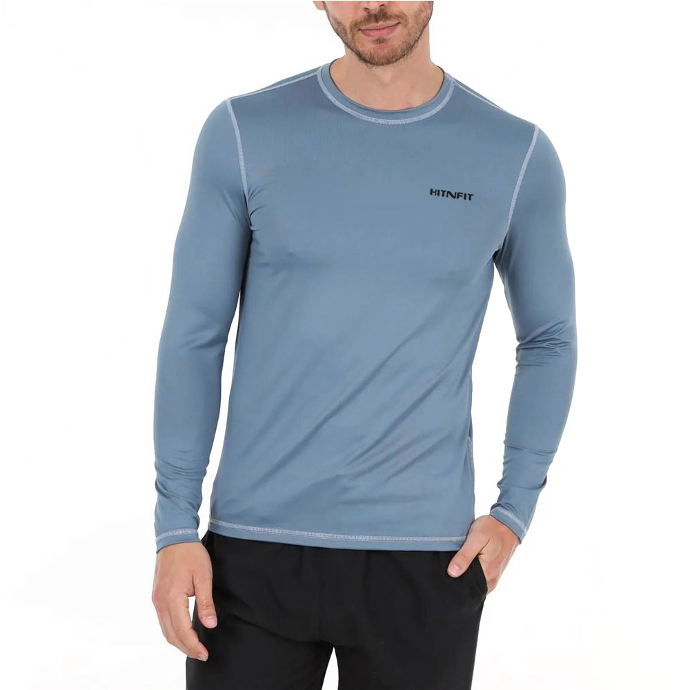 HIT N FIT Men's Slate Blue Compression Long Sleeve Shirt | Contrast Seam Athletic Rash Guard
