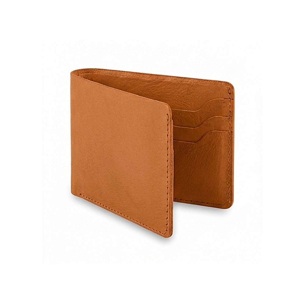 HIT N FIT Men's Light Brown Genuine Leather Slim Bifold Wallet with Hand-Stitched Edges and Curved Card Slots