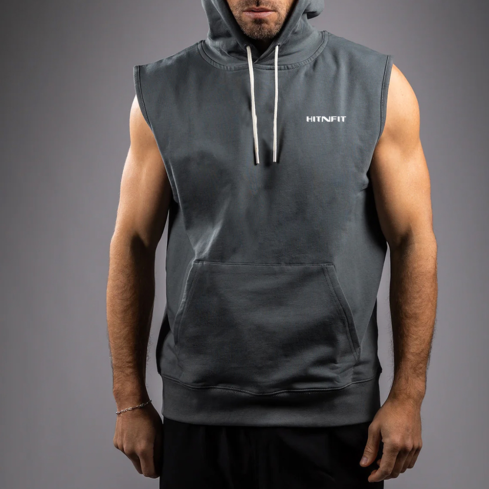 HIT N FIT Men's Washed Charcoal Sleeveless Gym Hoodie | Contrast Drawstring Athletic Tank Vest
