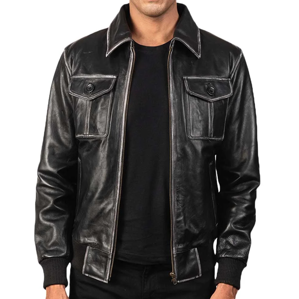 HIT N FIT Men's Distressed Black Real Leather Biker Jacket | Vintage Cafe Racer Motorcycle Outerwear